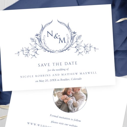 Photo Elegant Navy Blue Monogram Wedding Save The Date