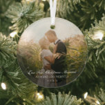 Photo Elegant Newlywed Our First Christmas Married Glass Ornament<br><div class="desc">Did you get married this year? Add a memory to your tree with this elegant keepsake ornament with the message "Our First Christmas Married" in white text over your favorite wedding photo. Use the template to add your names and the year. This ornament also makes a great gift to a...</div>