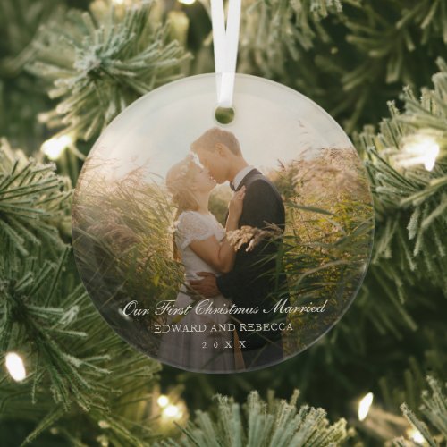 Photo Elegant Newlywed Our First Christmas Married Glass Ornament