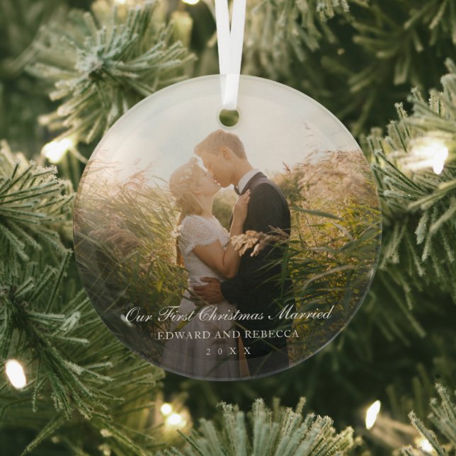 Photo Elegant Newlywed Our First Christmas Married Glass Ornament (Insitu)
