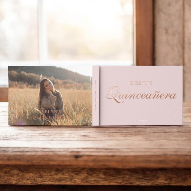 Photo Elegant Pink Birthday Quinceanera Foil Guest Book (Creator Uploaded)