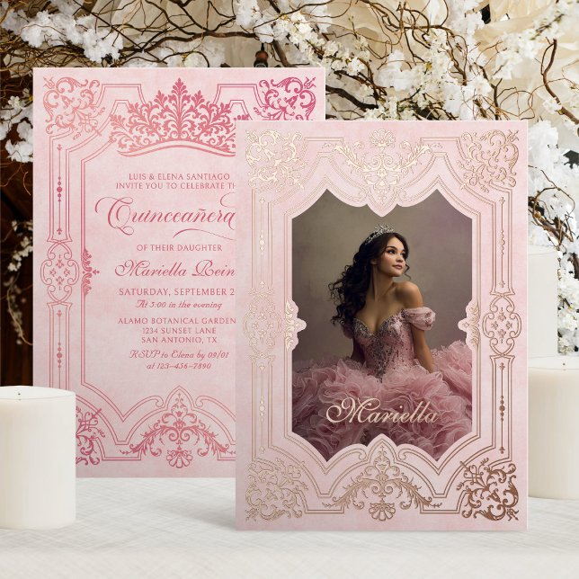 Photo Elegant Pink Crown Tiara Royal Quinceanera  Foil Invitation (Creator Uploaded)