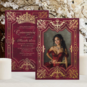 Photo Elegant Red Crown Tiara Royal Quinceanera  Foil Invitation