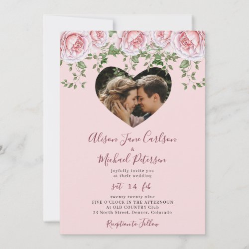 Photo elegant roses Valentine heart pink wedding Invitation