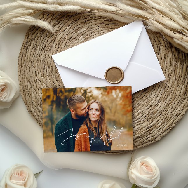 Photo Elegant Script Boho Wedding  Letterpress Thank You Card (Creator Uploaded)