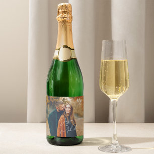 Photo Elegant Script Boho Wedding Sparkling Wine Label
