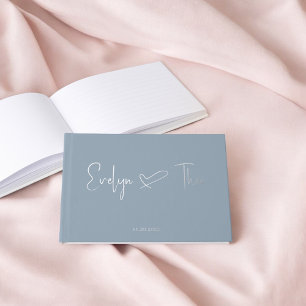 Photo Elegant Script Heart Blue Wedding Guest Book