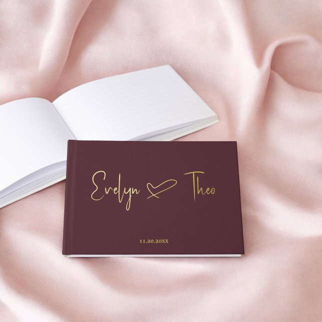 Photo Elegant Script Heart Burgundy Foil Guest Book (Creator Uploaded)