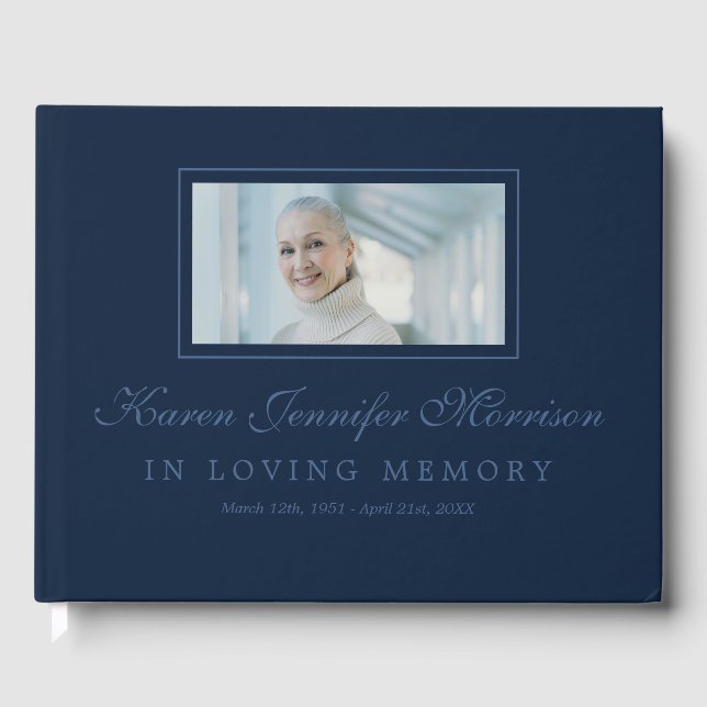 Photo Elegant Script Navy Blue In Loving Memory Guest Book (Front)