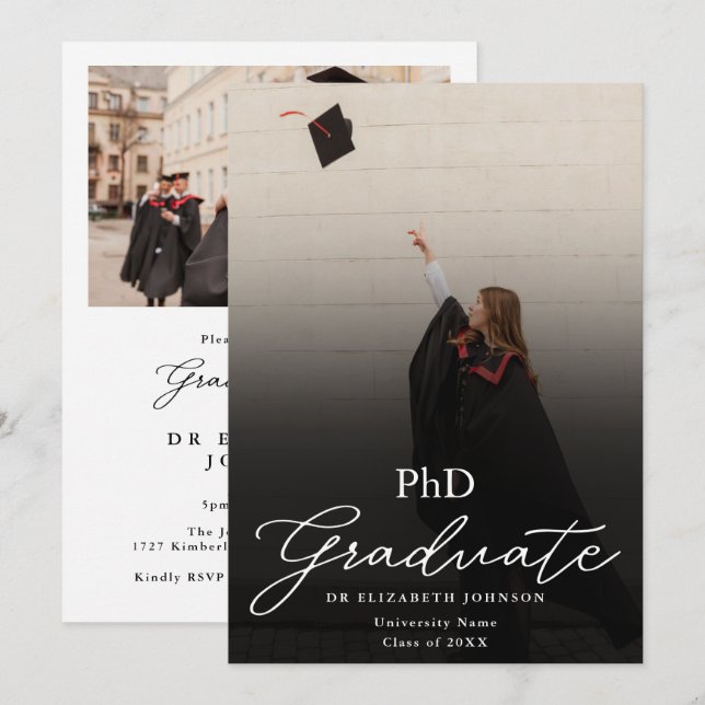 Photo Elegant Script PhD Degree Graduation Party Invitation (Front/Back)