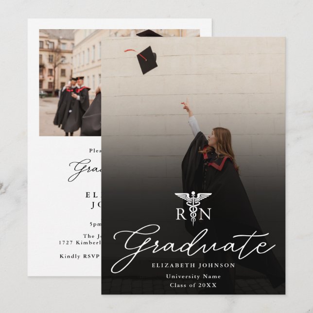 Photo Elegant Script RN Nursing Graduation Party Invitation (Front/Back)