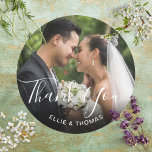 Photo Elegant Script Thank You Classic Round Sticker<br><div class="desc">Customise with your own photo and personalise with your names in classic white text and elegant script thank you to create your own unique thank you sticker. Designed by Thisisnotme©</div>
