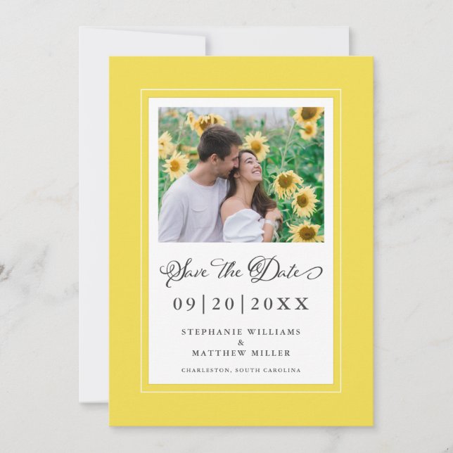Photo Elegant Script Wedding Trendy Yellow Border Save The Date (Front)