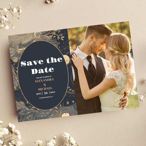 Photo Elegant Silver Gold Celestial Wedding Save The Date
