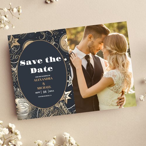 Photo Elegant Silver Gold Celestial Wedding Save The Date