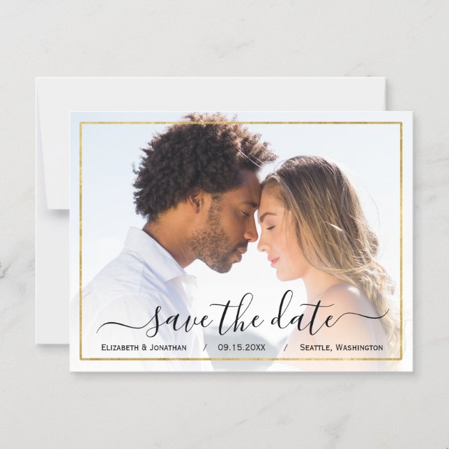 Photo Elegant Simple Black and Gold Wedding Magnetic Invitation (Front)