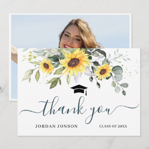 PHOTO Elegant Sunflowers Eucalyptus Graduation Thank You Card