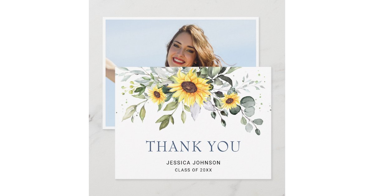 PHOTO Elegant Sunflowers Eucalyptus Graduation Thank You Card | Zazzle