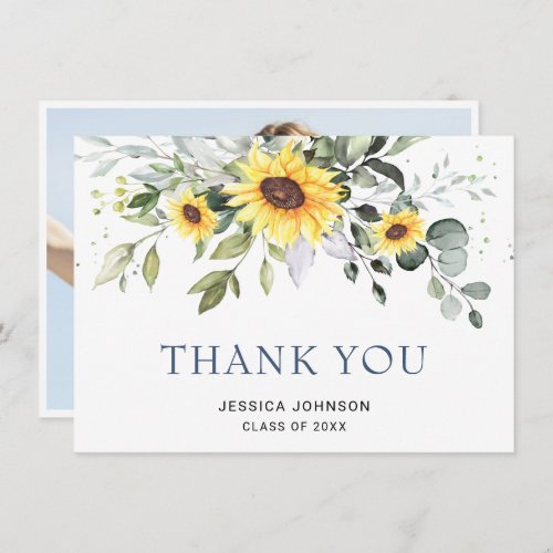 PHOTO Elegant Sunflowers Eucalyptus Graduation Thank You Card