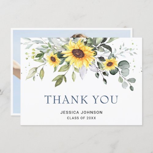 PHOTO Elegant Sunflowers Eucalyptus Graduation Thank You Card - Elegant Sunflowers Eucalyptus Foliage Graduation Thank You Card.
For further customization, please click the "Customize" link and use our  tool to design this template. 
If you need help or matching items, please contact me.