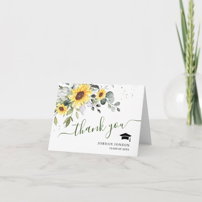 PHOTO Elegant Sunflowers Eucalyptus Graduation Thank You Card (Front)