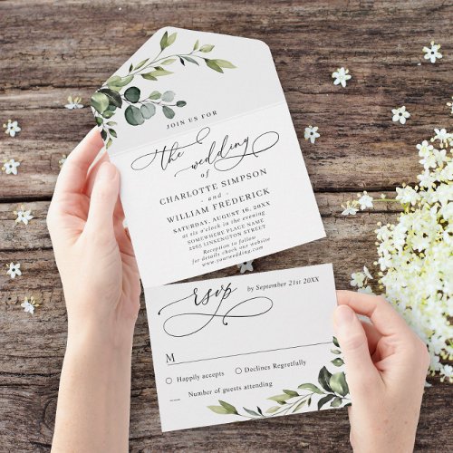 PHOTO Elegant Watercolor Eucalyptus Floral Wedding All In One Invitation