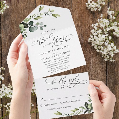 PHOTO Elegant Watercolor Eucalyptus Floral Wedding All In One Invitation