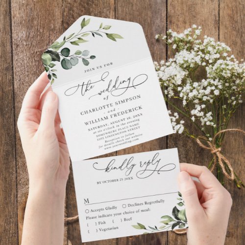 PHOTO Elegant Watercolor Eucalyptus Floral Wedding All In One Invitation