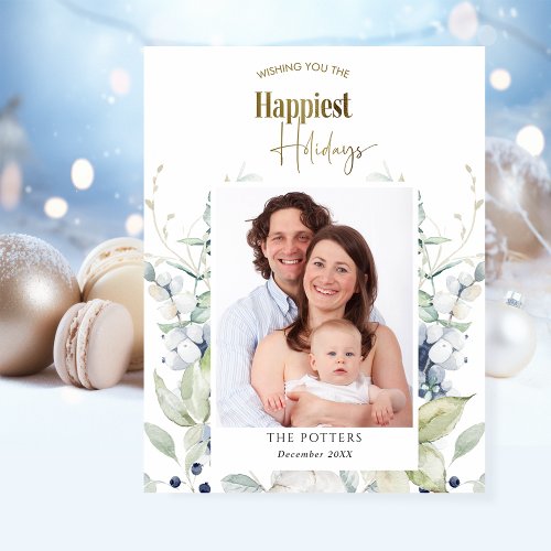 Photo Elegant Winter Greenery Happiest Holidays Holiday Card