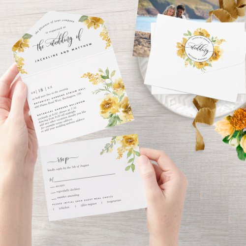 Photo Elegant Yellow Floral Wedding Tear Off RSVP All In One Invitation