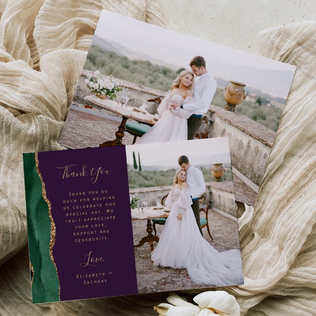 Photo Emerald Green Gold Agate Purple Wedding Thank You Card (Creator Uploaded)