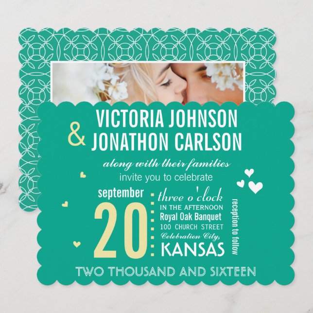 Photo Emerald Yellow Modern Typography Wedding Invitation (Front/Back)