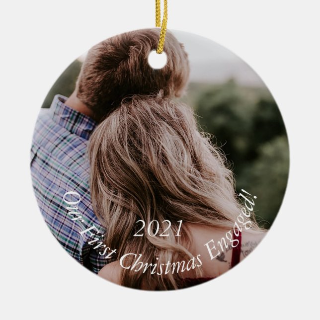 Photo Engagement Holiday Keepsake Christmas Cerami Ceramic Ornament (Front)