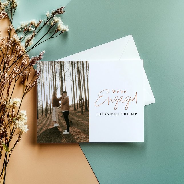 Photo engagement party announcement (Stylish “We’re Engaged” photo announcement card! Featuring a contemporary design.)