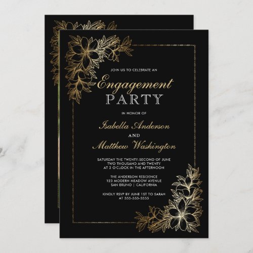 Photo Engagement Party | Black & Gold Floral Invitation - Create your own "Photo Engagement Party | Black & Gold Floral" invitations by Eugene Designs.
