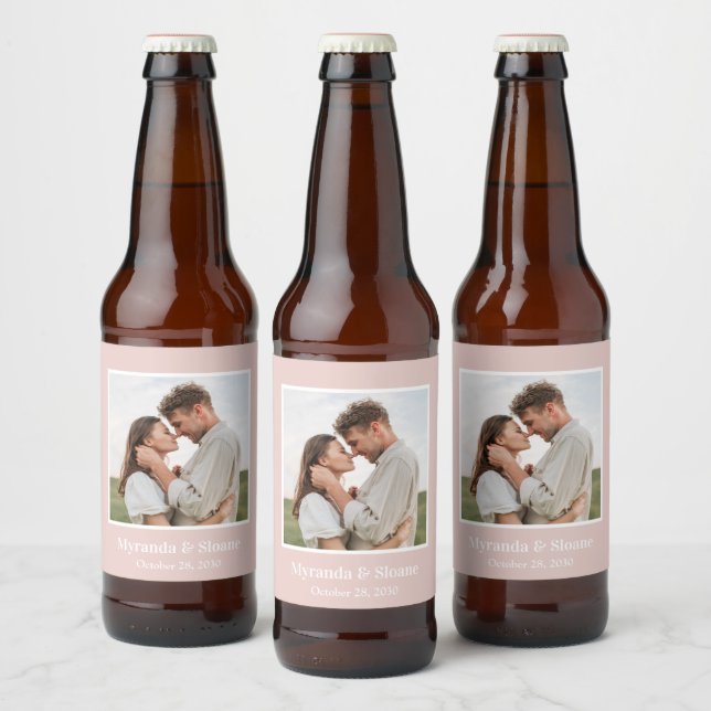 Photo Engagement Party Blush Pink Beer Bottle Label (Bottles)
