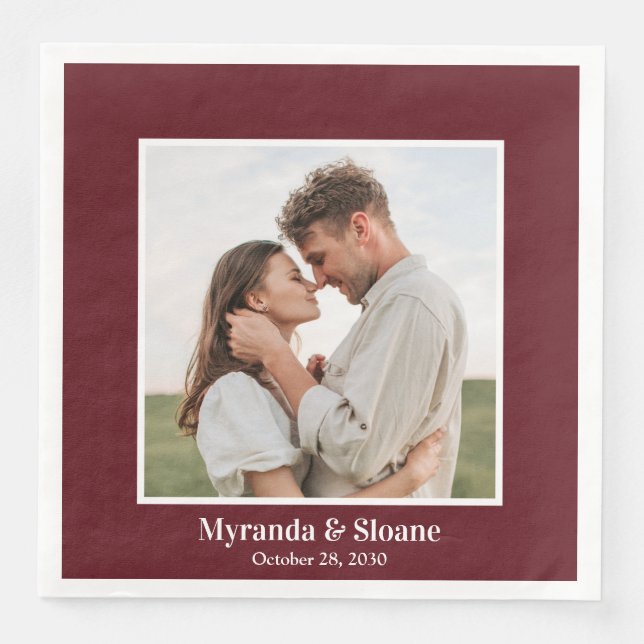 Photo Engagement Party Burgundy Paper Dinner Napkins (Front)