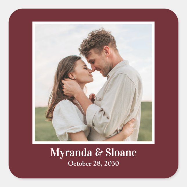 Photo Engagement Party Burgundy Square Sticker (Front)