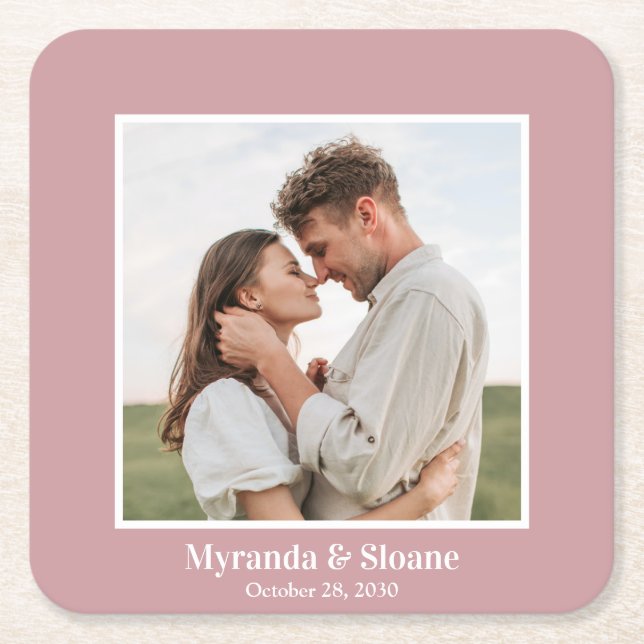 Photo Engagement Party Dusty Rose Square Paper Coaster (Front)