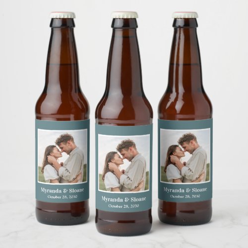 Photo Engagement Party Teal Beer Bottle Label