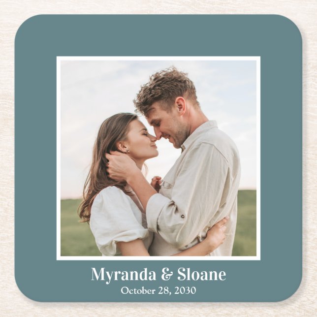 Photo Engagement Party Teal Square Paper Coaster (Front)