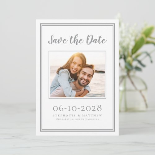 Photo Engagement Wedding Simple Gray White   Save The Date