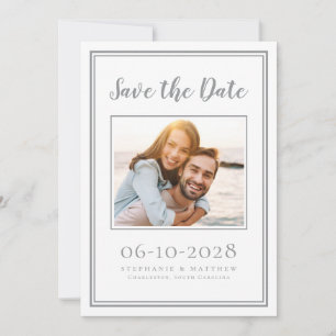 Photo Engagement Wedding Simple Gray White Save The Date
