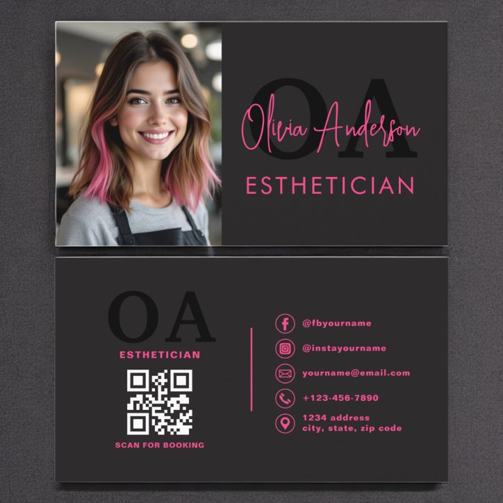 Photo Esthetician QR Code Hot Pink Black Business Card