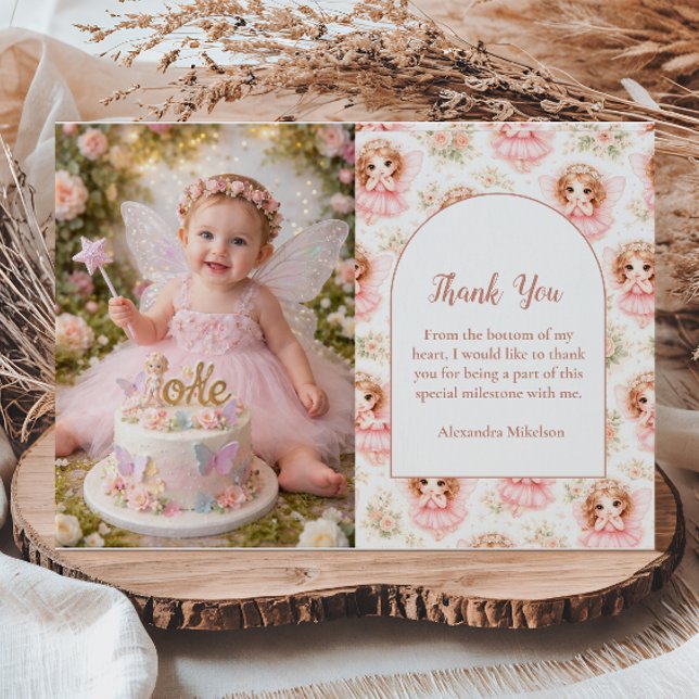 Photo Fairy 1st Birthday Pink Garden Thank You Card (Creator Uploaded)