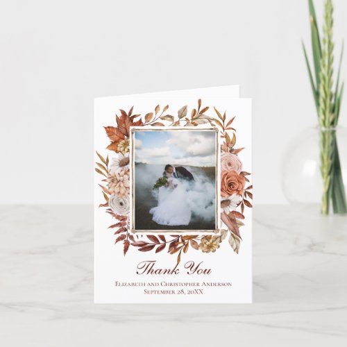 Photo Fall Autumn Floral Pink White Brown Wedding  Thank You Card