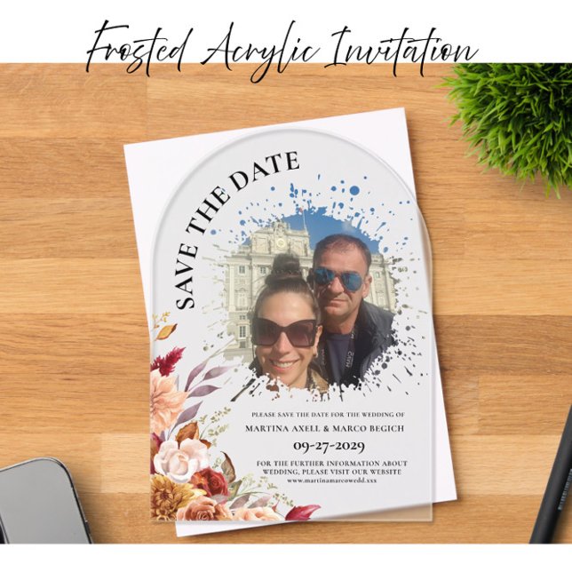 Photo Fall Floral Save the date Frosted Acrylic Invitations (Creator Uploaded)
