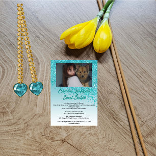 Photo & Falling Teal Blue Glitter Sweet Sixteen Invitation