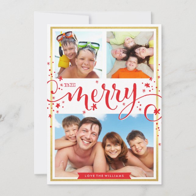 PHOTO FAMILY be merry festive christmas script red Holiday Card (Front)