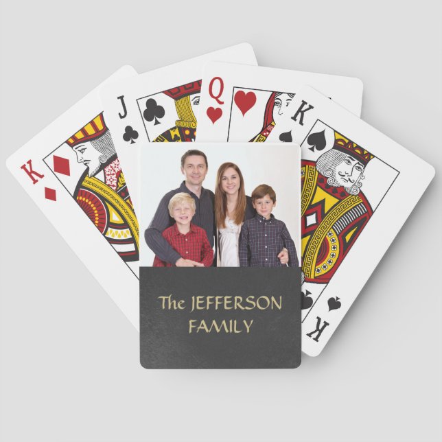 Photo Family Black Textured Monogram Poker Cards (Back)